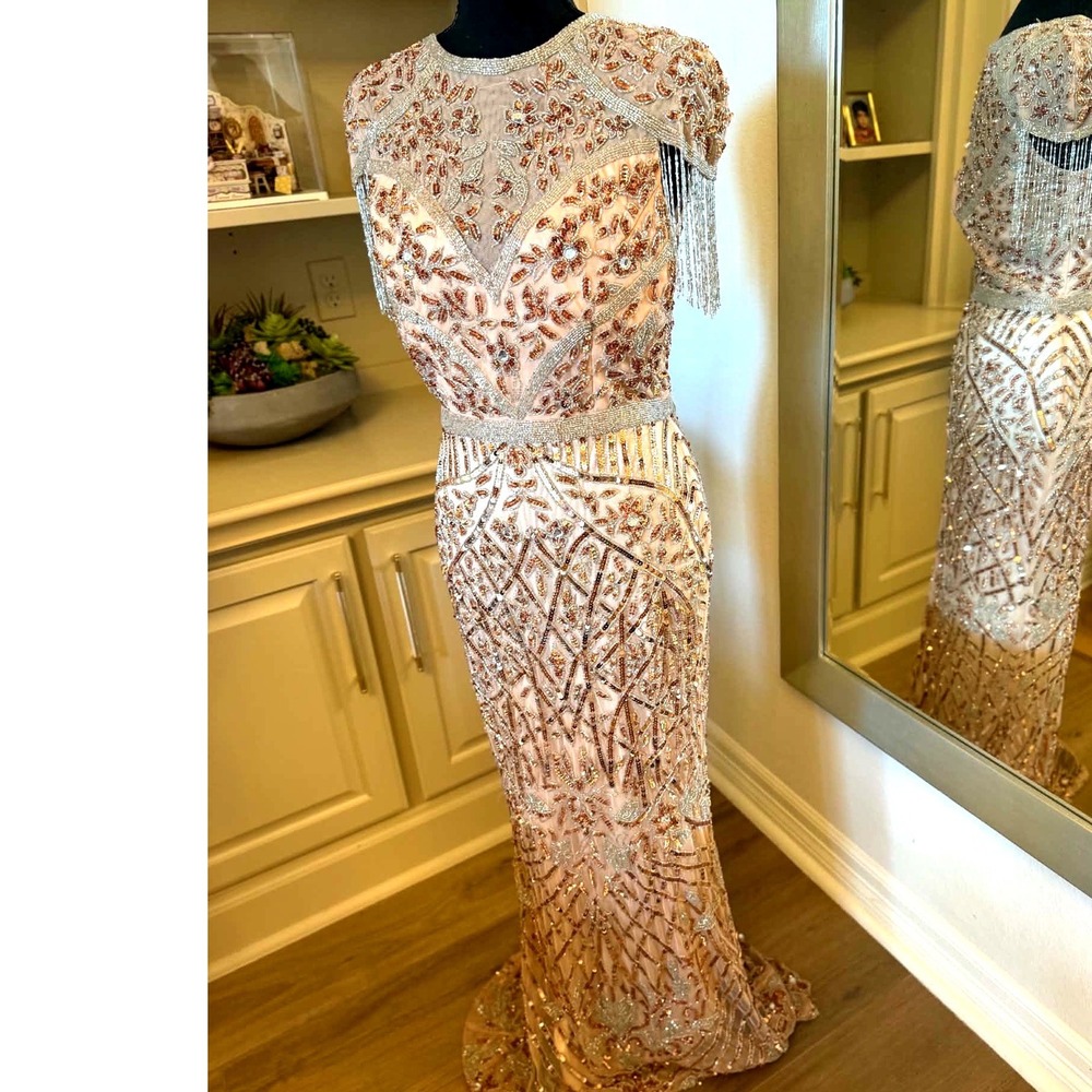Mac Duggal Evening Gown Rose Gold Beaded Fringe Dress Pink